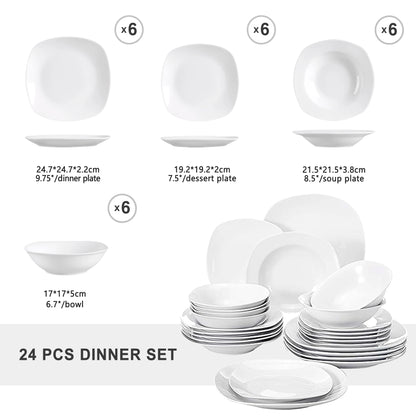 MALACASA Elisa 24-Piece Ceramic Porcelain Tableware Dinner Set Cereal Bowls Soup Dessert Plate Dinnerware Serive for 6 Person