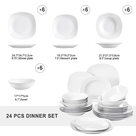 MALACASA Elisa 24-Piece Ceramic Porcelain Tableware Dinner Set Cereal Bowls Soup Dessert Plate Dinnerware Serive for 6 Person
